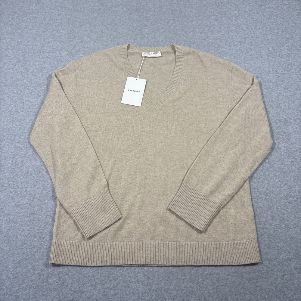 NWT Everlane Women Sz M Cashmere Classic V-Neck Heather Light Camel $198